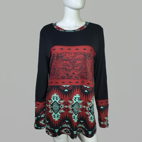 Crazy Train Women's Black & Red Western Design Long Sleeve Top - Picture 1 of 7